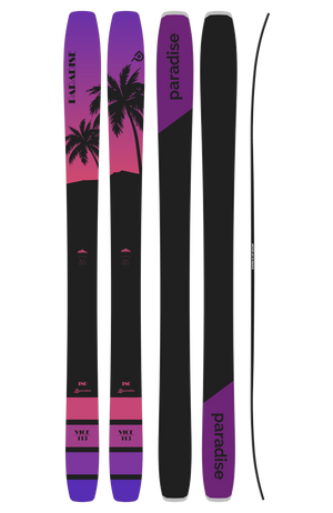 The unisex VICE 113 big-mountain and powder ski. Showing the anti ice/scratch top sheet, sintered base, and rocker-camber-rocker profile.