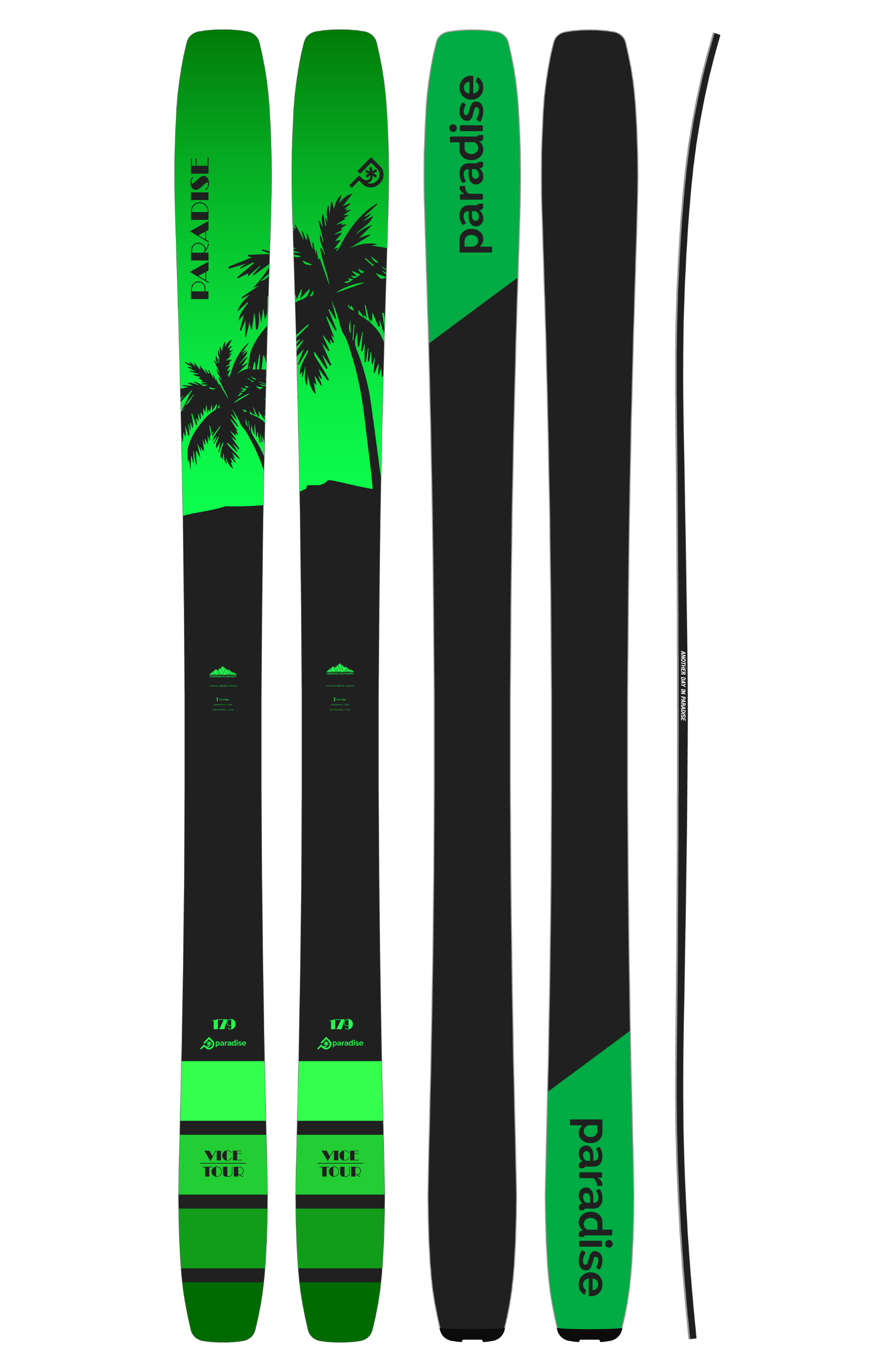 The unisex VICE TOUR backcountry touring ski. Showing the anti ice/scratch top sheet, sintered base, and rocker-camber-rocker profile with sidewall writing.