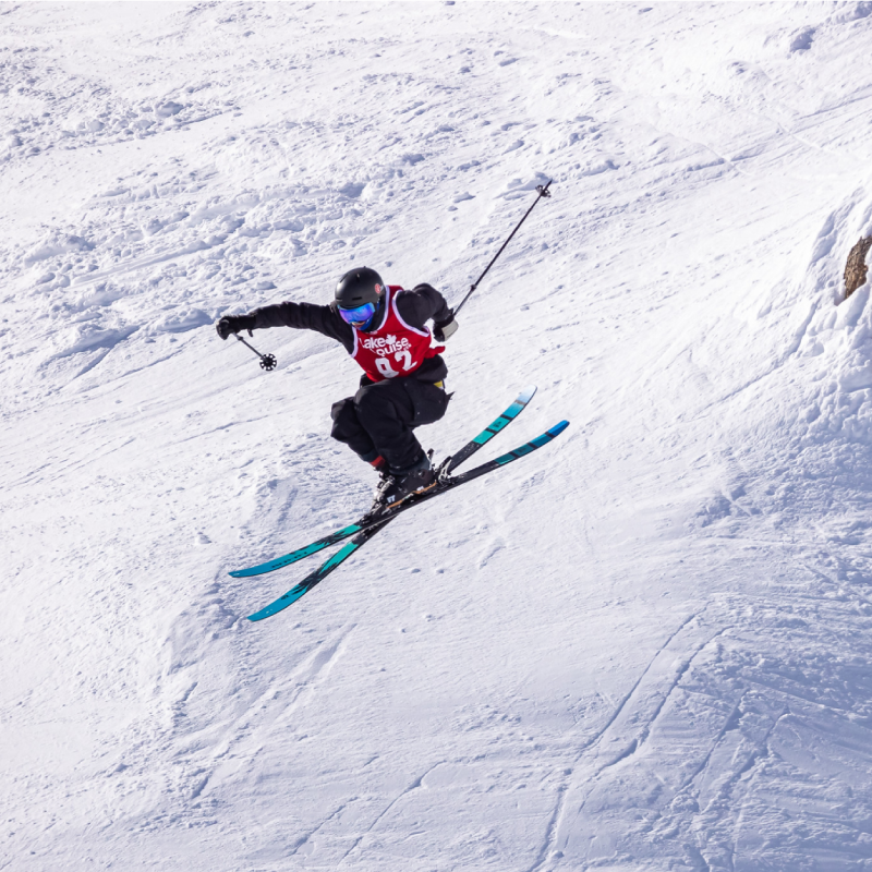 Freeride skier riding VICE 97s at Lake Louise Ski Resort During Competition