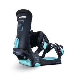 Fix Binding Company - January Bindings - Teal Color, now sold by Paradise Skis for our all-mountain, freeride, unisex snowboard - The Flamingo