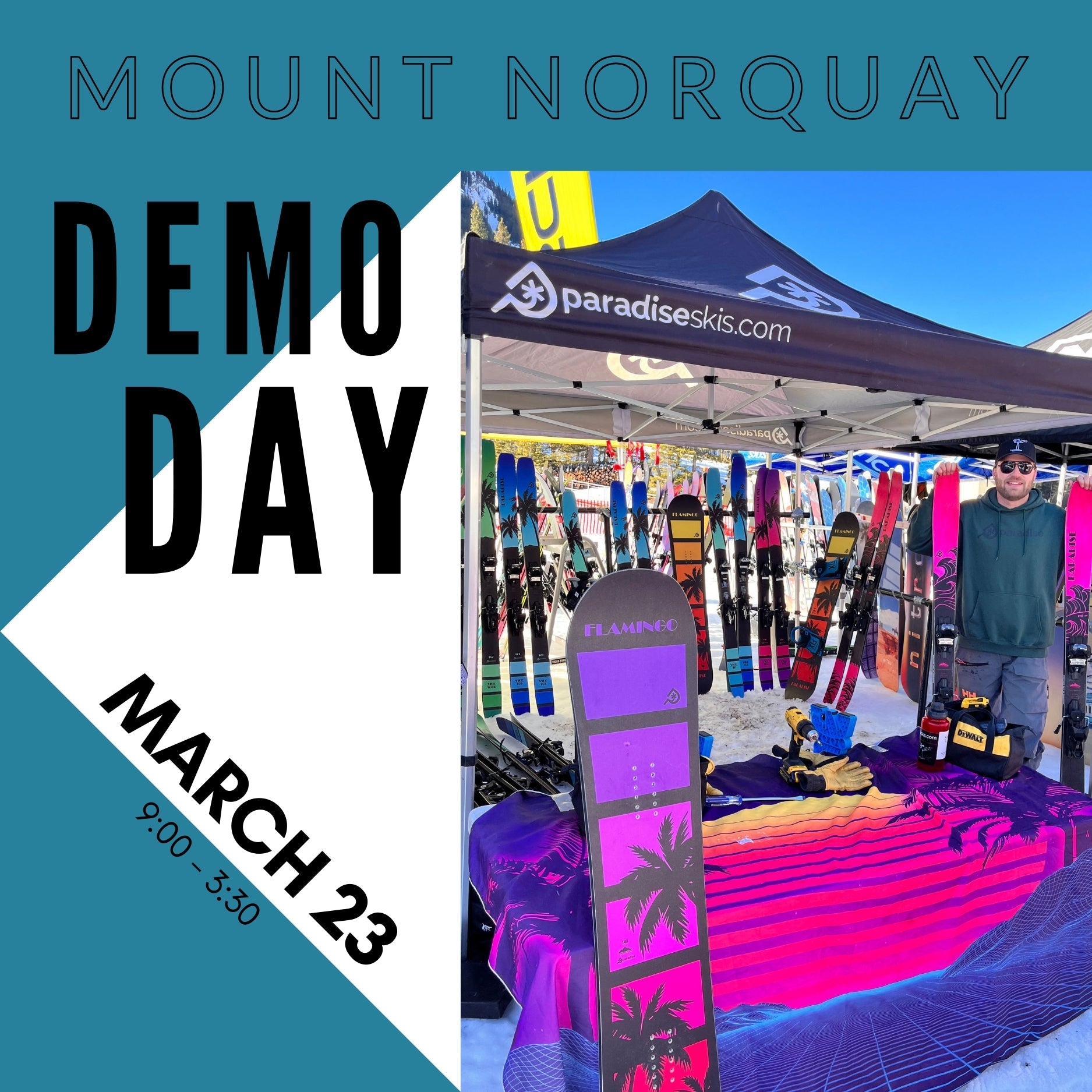 Paradise Skis offering free public ski and snowboard demos at Mount Norquay ski resort in Banff 