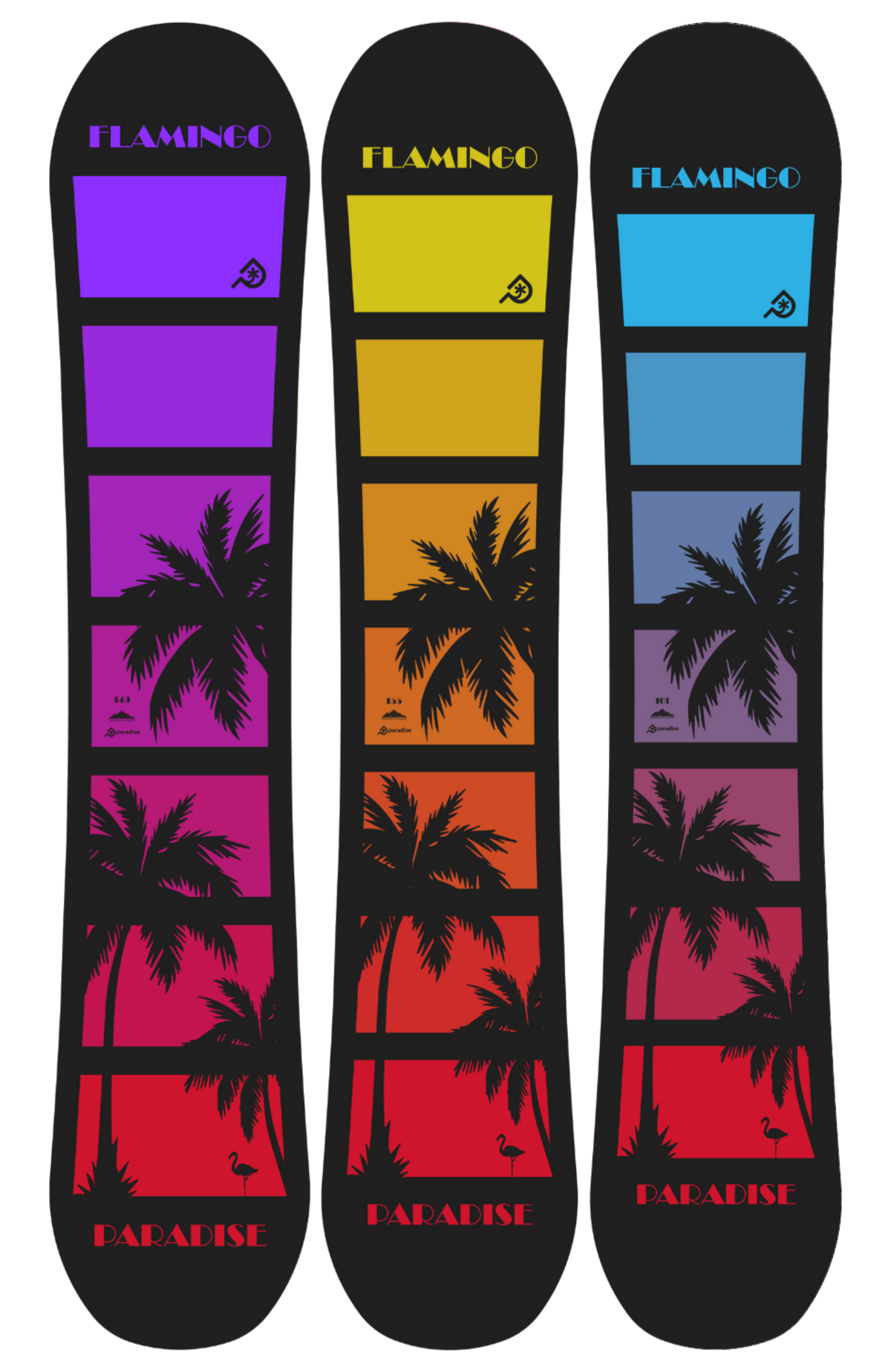 The Paradise Flamingo Collection. Unisex,  all-mountain, directional twin boards with a freeride design. Available in 149cm, 155cm, and 161cm with either a red or black base.