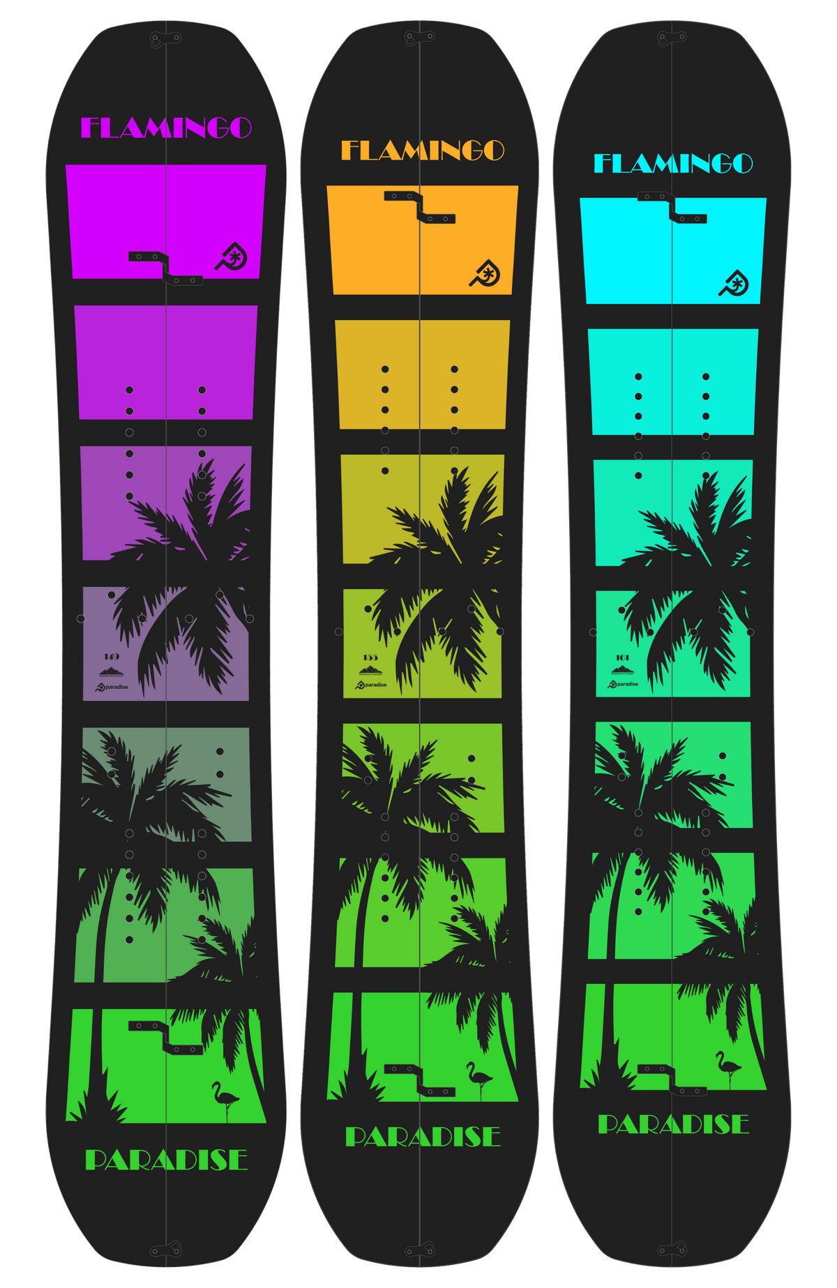 The Paradise FLAMINGO SPLITBOARD Collection. Three lengths with three unique top sheets. Phantom Hercules Hooks and Clips. These unisex splitboards are directional twins with a freeride orientation.