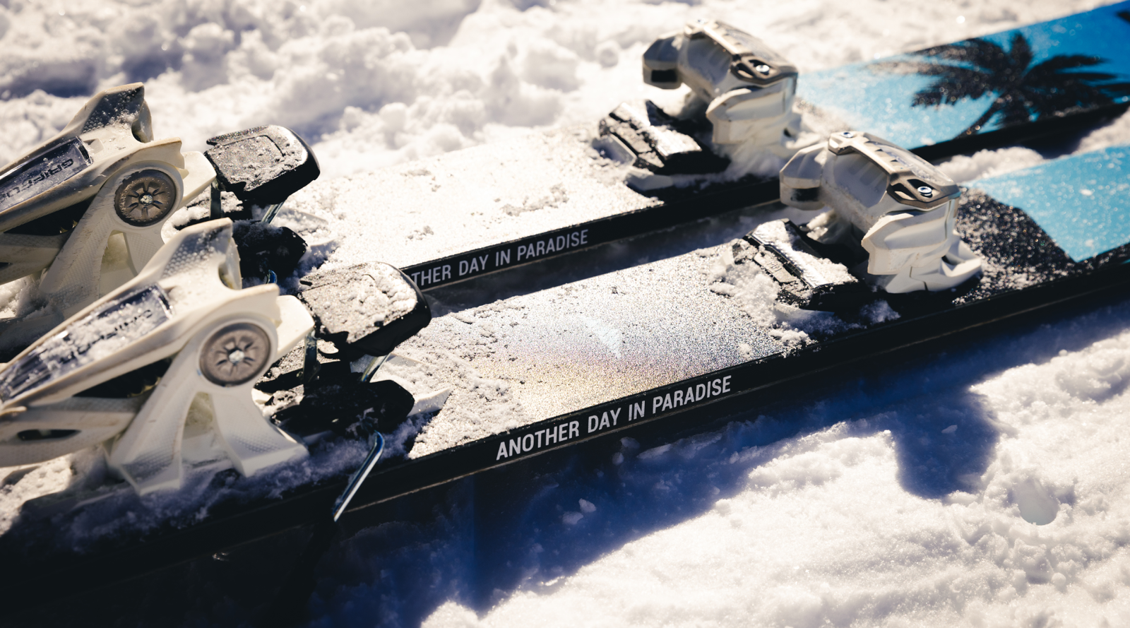 Paradise VICE 105 skis with sidewall writing showing: ANOTHER DAY IN PARADISE 