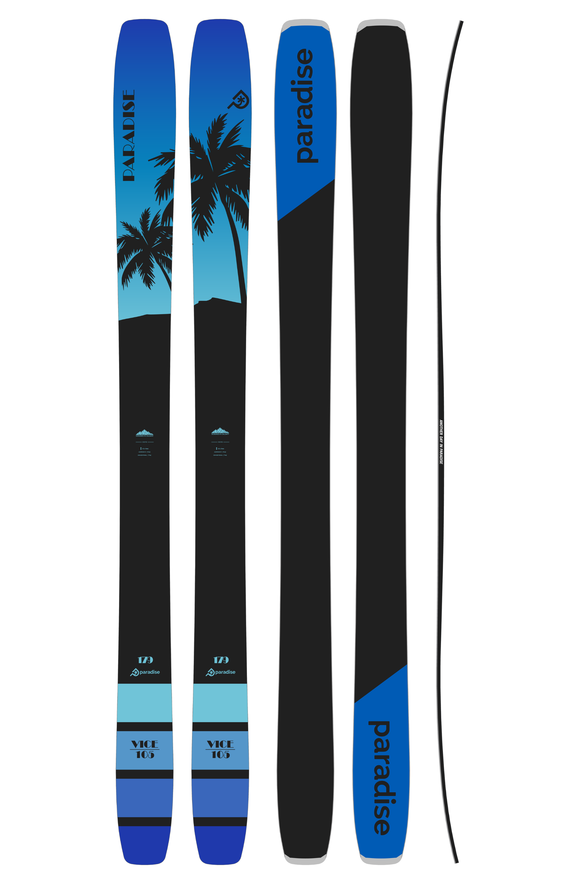 The unisex VICE 105 freeride ski. Showing the anti ice/scratch top sheet, sintered base, and rocker-camber-rocker profile.