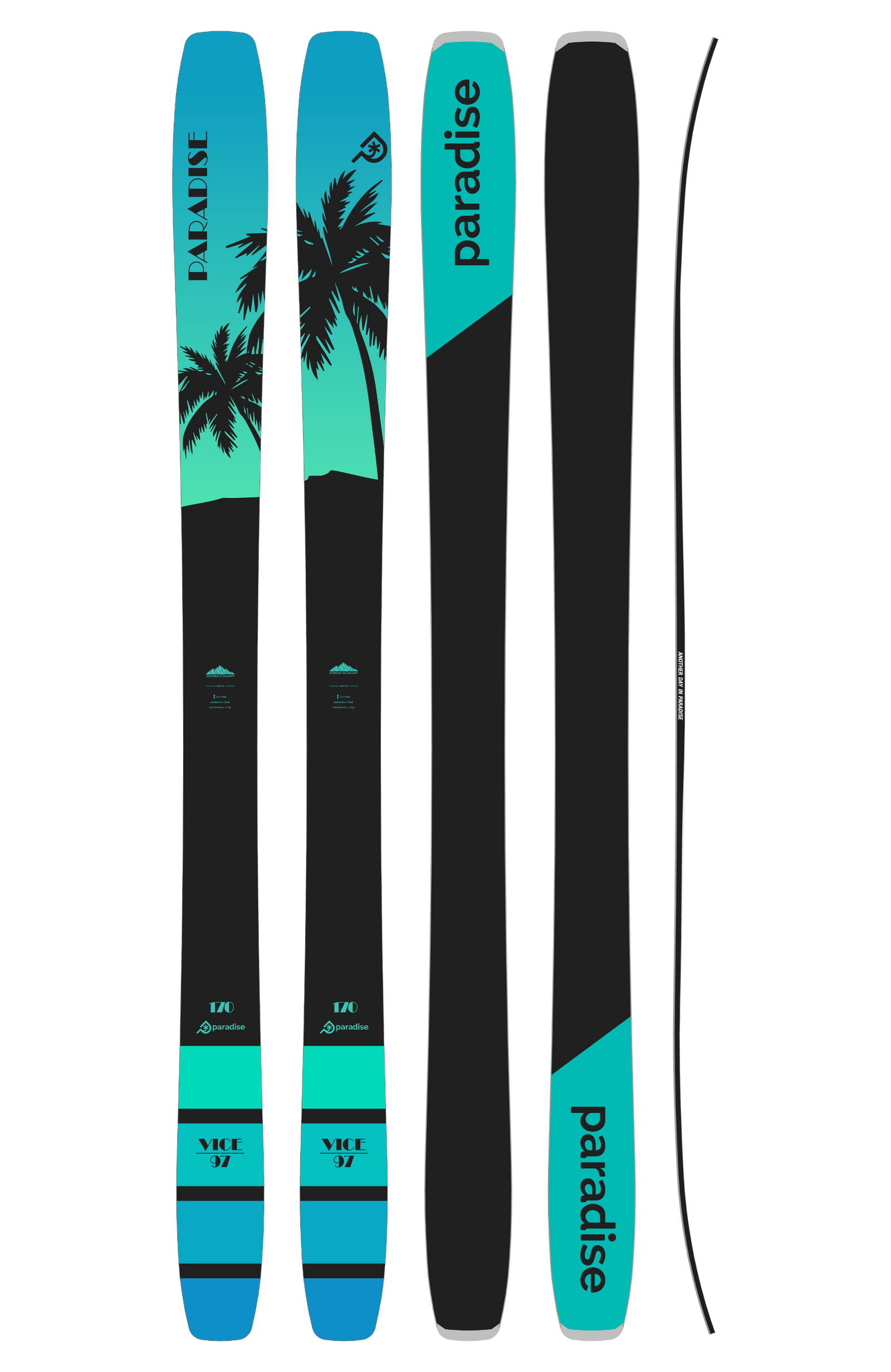 The unisex VICE 97 freestyle ski. Showing the anti ice/scratch top sheet, sintered base, and rocker-camber-rocker profile with sidewall writing.