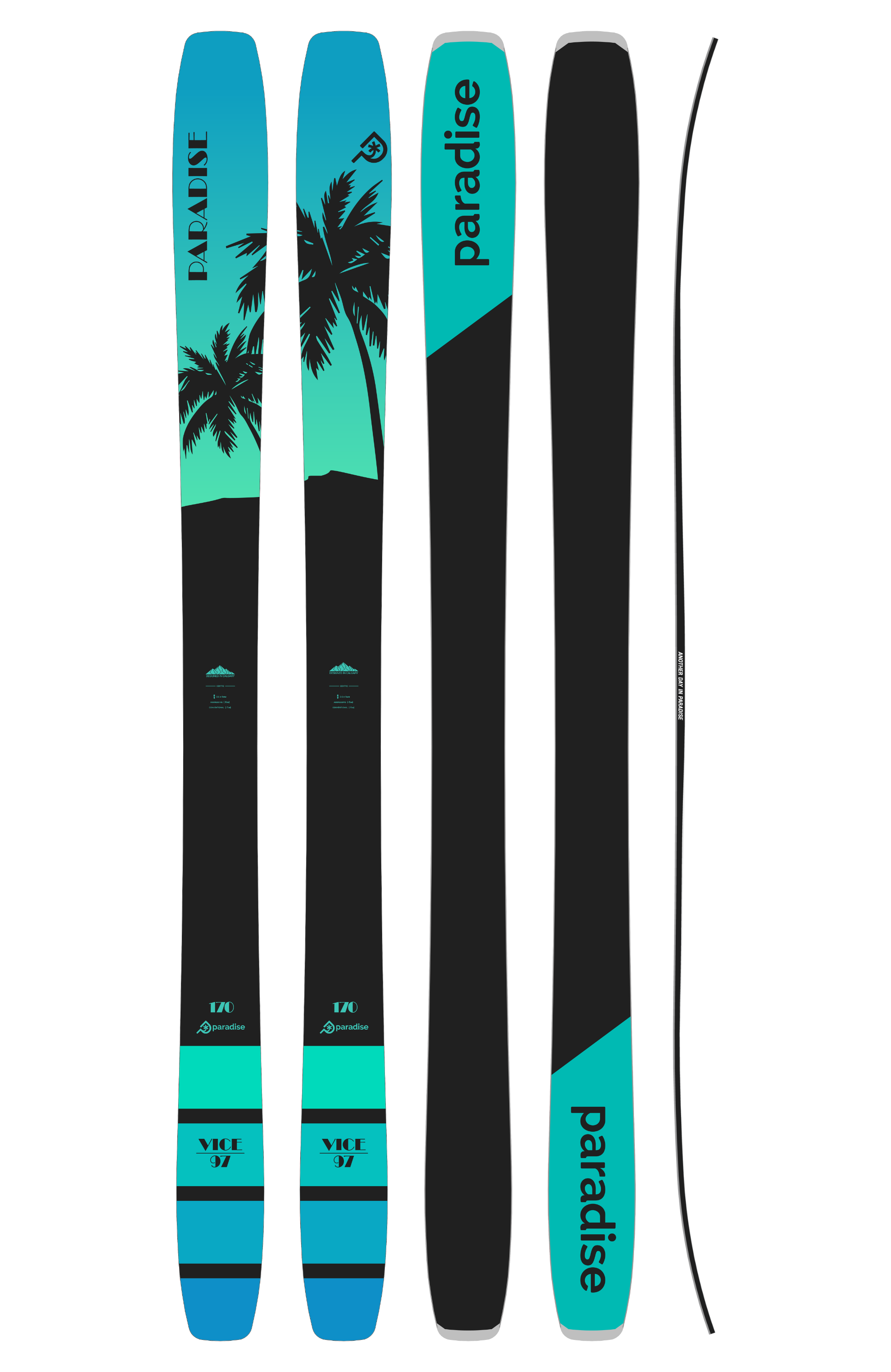 The unisex VICE 97 freestyle ski. Showing the anti ice/scratch top sheet, sintered base, and rocker-camber-rocker profile with sidewall writing.