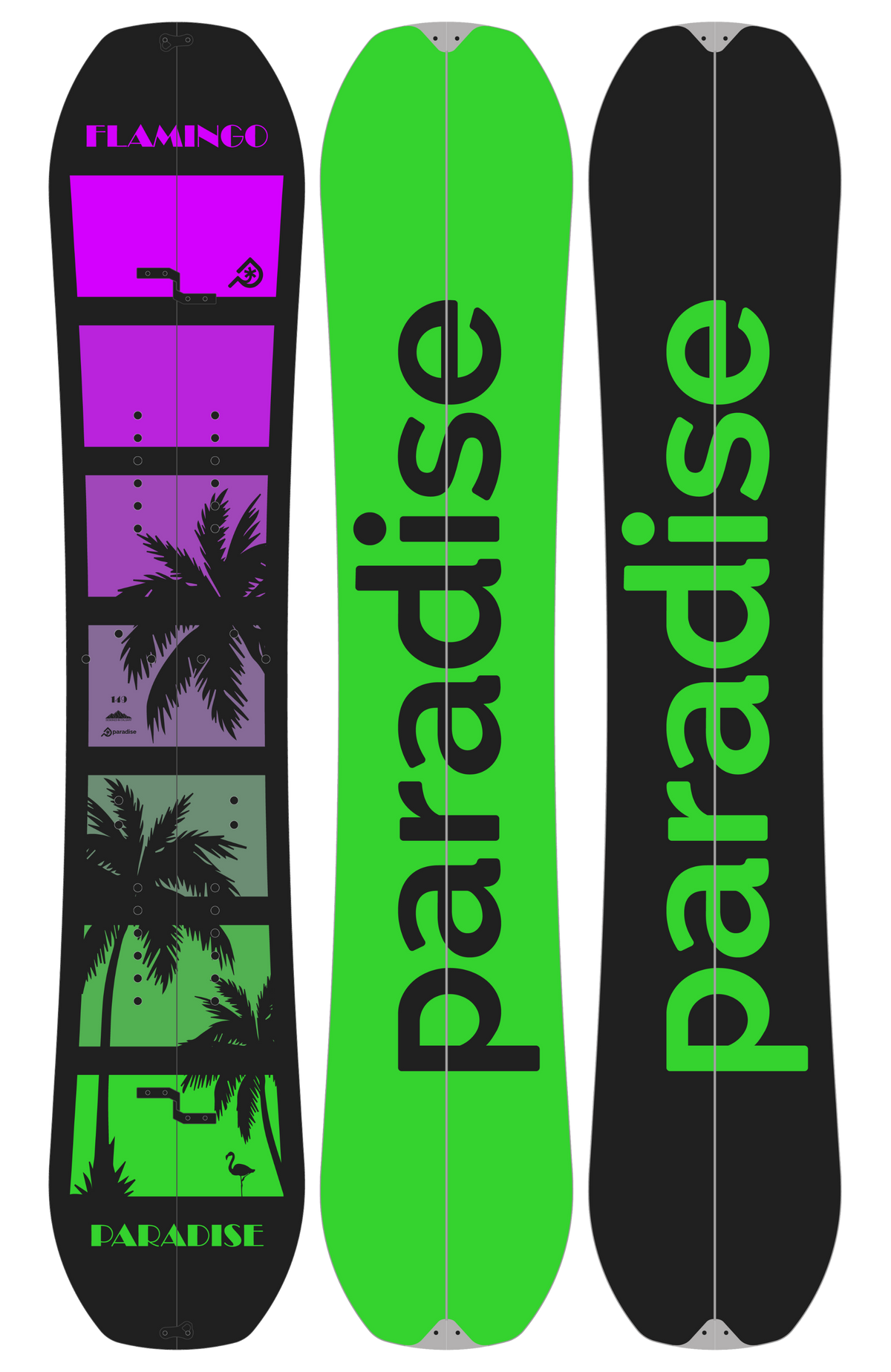 The Paradise FLAMINGO SPLITBOARD in the 149cm length with two different base colours.