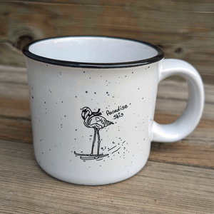 Paradise Skis Flamingo Mug - front photo. 12 Oz, heavy duty ceramic.