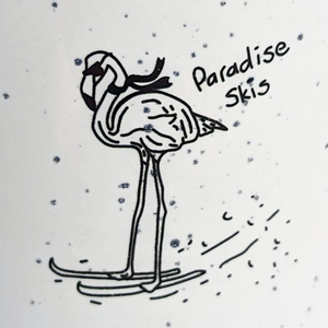 Paradise Skis Flamingo Mug - logo photo. 12 Oz, heavy duty ceramic. Dishwasher safe. 