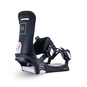 Fix Binding Company - January Bindings - Pink Color, now sold by Paradise Skis for our all-mountain, freeride, unisex snowboard - The Flamingo