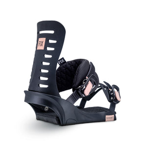 Fix Binding Company - Sunset Bindings - women's all-mountain snowboard bindings - BLACK Color, now sold by Paradise Skis for our all-mountain, freeride, unisex snowboard - The Flamingo
