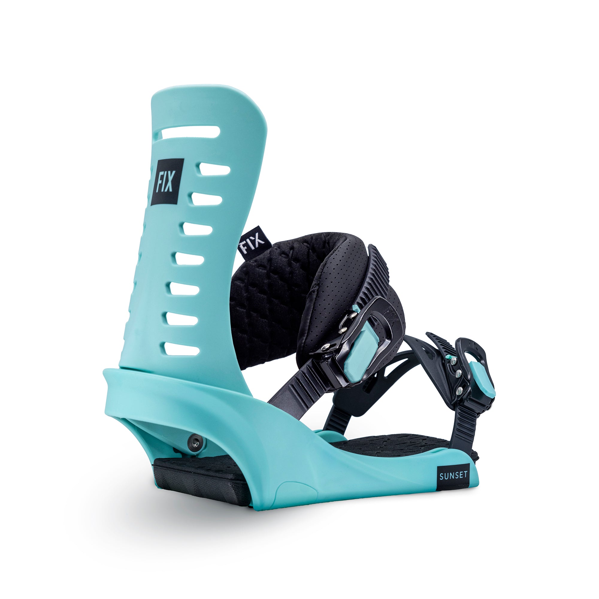 Fix Binding Company - Sunset Bindings - women's all-mountain snowboard bindings - TEAL Color, now sold by Paradise Skis for our all-mountain, freeride, unisex snowboard - The Flamingo